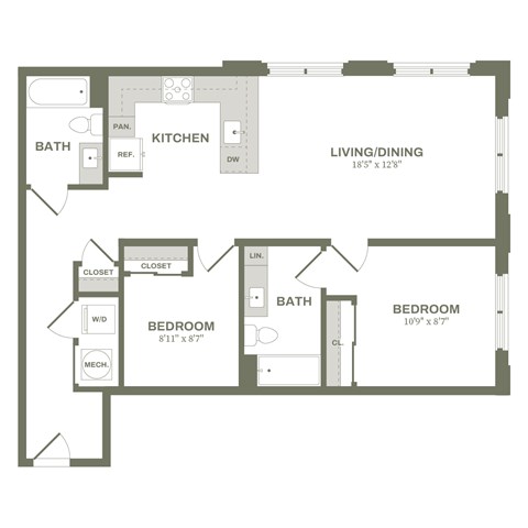 Floor plan for 1 bed, 1 bath, 968 sqft